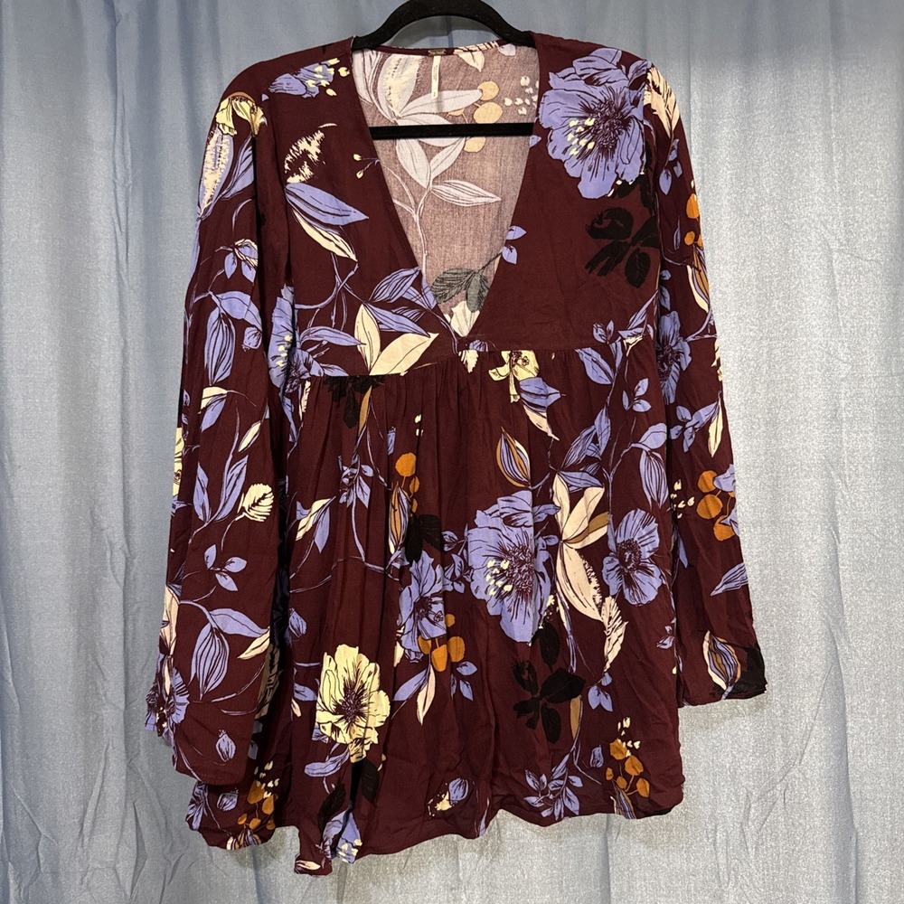 Free People Womens Burgundy Floral Tunic Top Size S Flare Sleeve Boho Oversized